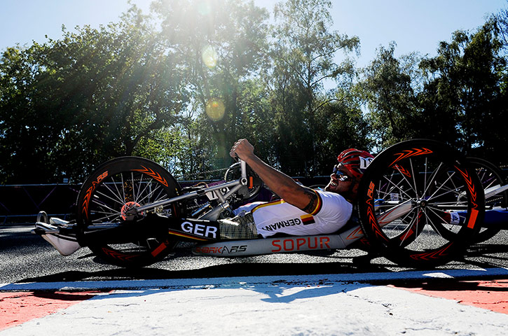 hand cycling: Germany's Vico Merklein at the top of Druids Bend 