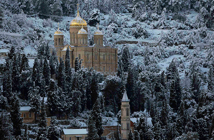 Snow in Jerusalem: Snow covers the Russian church in the neighbourhood of Ein Kerem