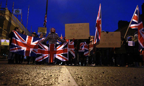 Northern Ireland protesters with union flag, December 2012