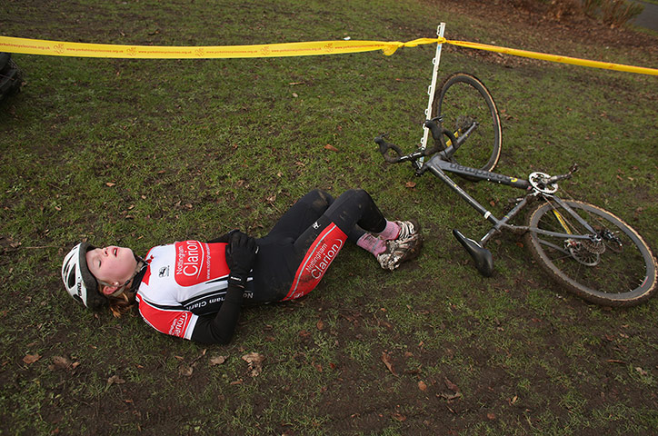 Cyclo-cross: Rider rests after the 'Youth Under 14' category race