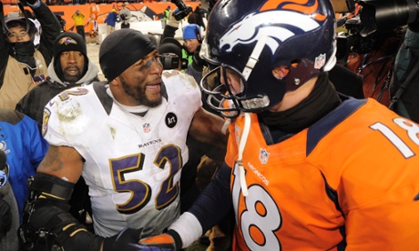 Baltimore Ravens' Ray Lewis and Denver Broncos' Peyton Manning