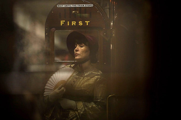 Met locomotive: Actresses in period costume pose by the first class carriages