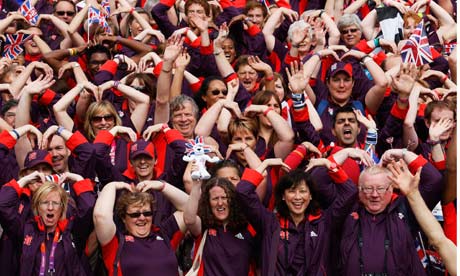 London 2012 Games Makers perform Mo Farah’s trademark ‘Mobot’