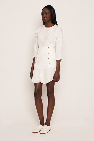 All Ages: Cream: Dap wears blouse, Whistles. Skirt, Pinko. Brogues, Poste Mistress, Office