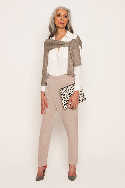 All Ages: Cream: Pam wears silk shirt, M&S. Jumper, zadig-et-voltaire.Trousers, jbrandjeans.
