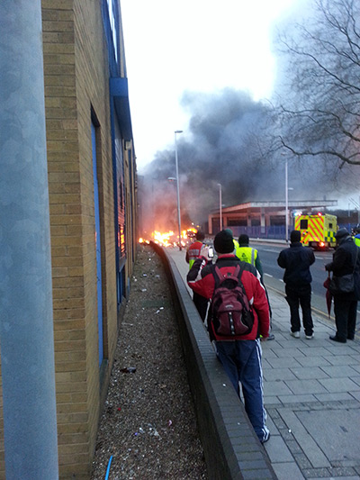 Helicopter crash: A general view of the scene where a helicopter crashed in central London
