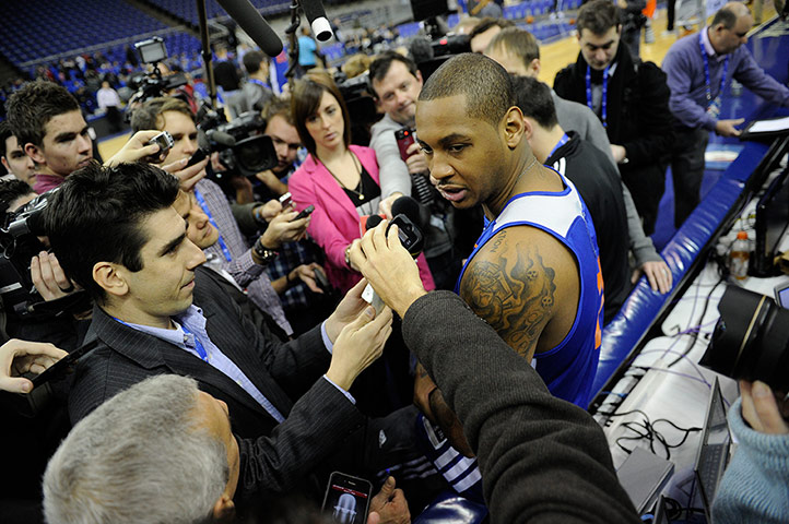 NBA training: Nicks' Carmelo Anthony speaks to the media session before training