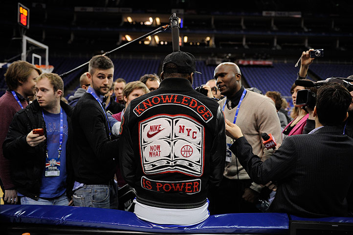 NBA training: Knicks player Amar'e Stoudemire speaks to the media