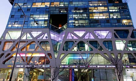 Office block lit at sunset
