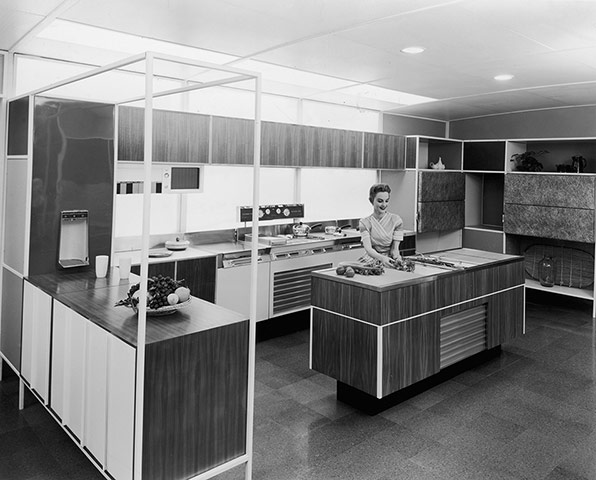 Formica: A Formica wood effect paneled kitchen, 1950s