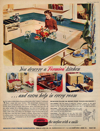 Formica: A advertisement for a Formica Kitchen in Picture Post, 1954