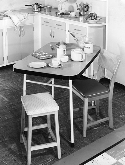 Formica: A formica topped kitchen table in a typical English kitchen