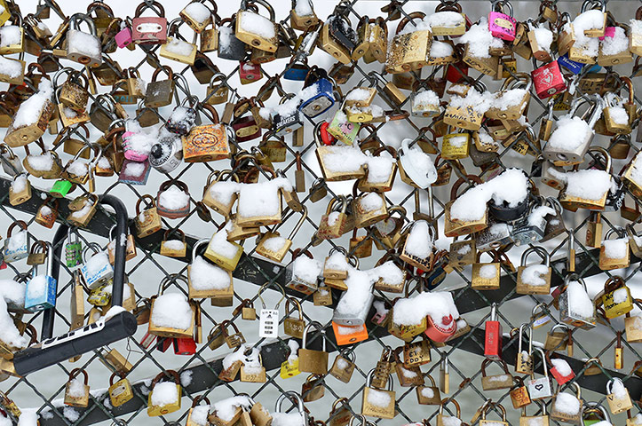 Paris snow: Padlocks on the Pont des Arts bridge