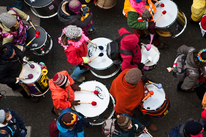 Several hundred protesters march during a Climate No Borders demonstration in Copenhagen