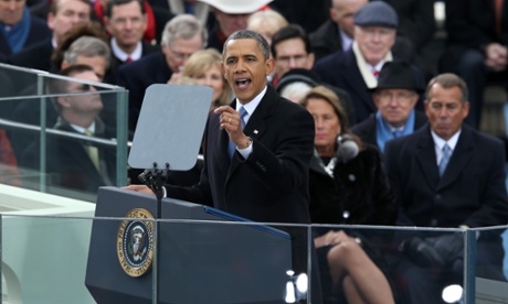 President Barack Obama gives his inauguration address during the public ceremonial inauguration at the US Capitol.