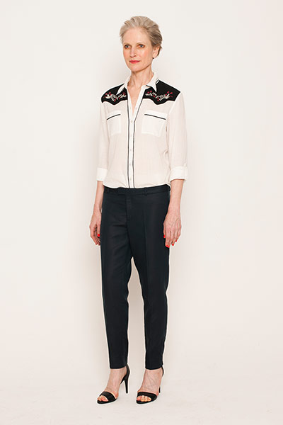 All Ages: Shirts: Lisskulla wears crepe western shirt, Asos. Trousers, Topshop. Heels, H&M