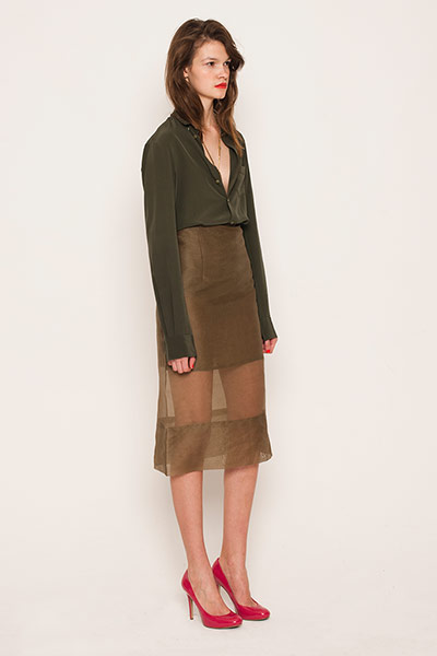 All Ages: Shirts: Kriss wears shirt, Joseph. Sheer skirt, Cos. Necklace, Wild Fox Couture