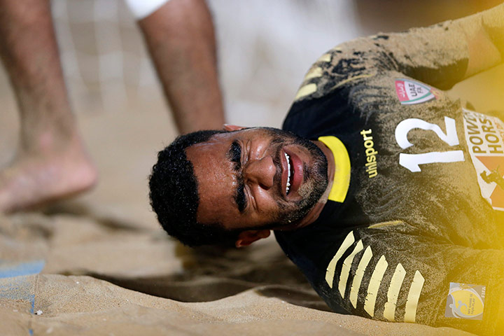 24hours: Katara, Doha: UAE's goalkeeper Houmed Jamal falls on the ground