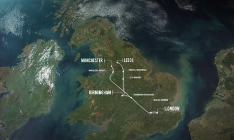 A map of phase one and phase two of the proposed HS2 high-speed rail project.