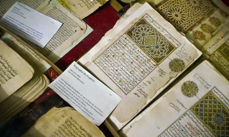 Preserved ancient Islamic manuscripts displayed at the Ahmed Baba Institute in Timbuktu, Mali