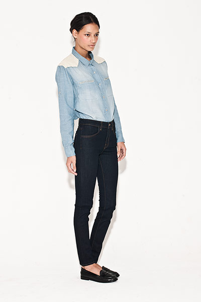All Ages: Denim: Katherine wears shirt, by Iro, matches  Jeans,by J Brand, . Loafers, office