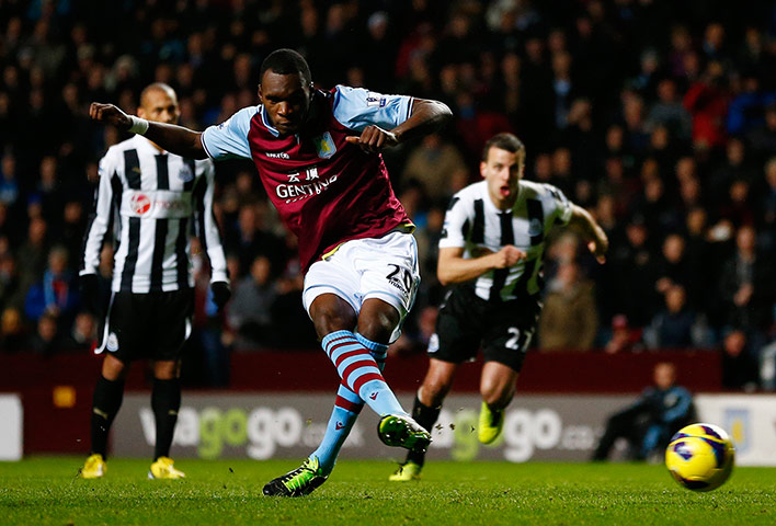 tuesday's matches 2: Aston Villa's Benteke scores a penalty against Newcastle United