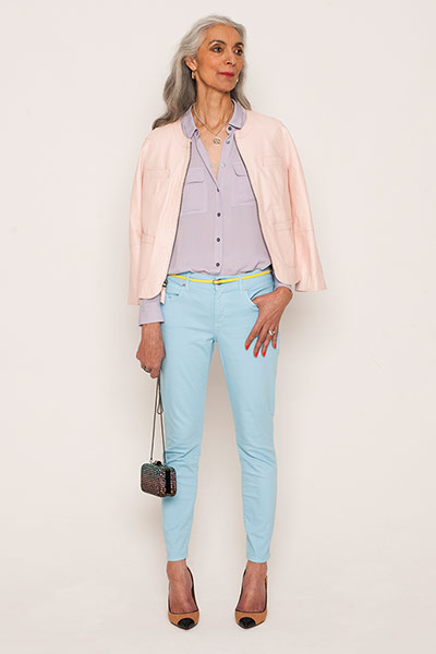 All Ages - Pastels: Pam wears pink leather jacket. Lilac shirt. Pale blue jeans