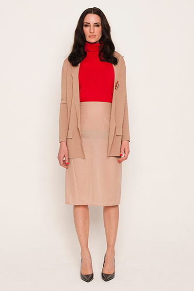 All Ages - Pastels: Amber wears red polo neck, M&S. Beige knee-length skirt, and blazer, Cos