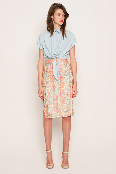 All Ages - Pastels: Kriss wears denim shirt, American Apparel. Floral skirt, Whistles