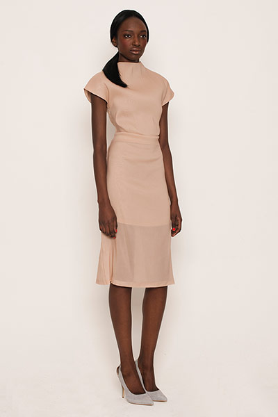 All Ages - Pastels: Dap wears nude dress, £135, cosstores.com. Grey suede stilettos, reiss.com