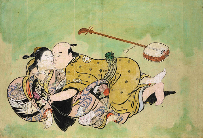 Shunga: Nishikawa Sukenobu (1671-1750), Sexual dalliance between man and geisha, c.