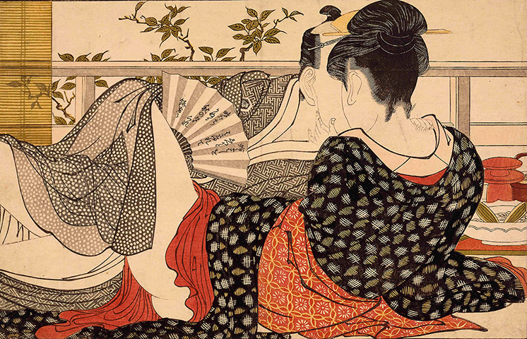 Shunga: Kitagawa Utamaro, Lovers in the upstairs room of a teahouse, from Utamakura