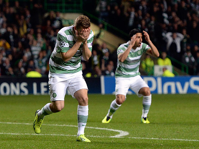 football---: Celtic's Forrest reacts after missing a chance