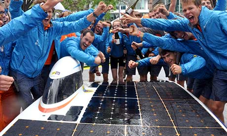 Dutch Nuon team celebrate after winning the World Solar Challenge