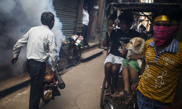 Wearing matching expressions, a resident and his dog look warily at a municipal worker fumigating an alley during a dengue fever prevention spraying in New Delhi, India.