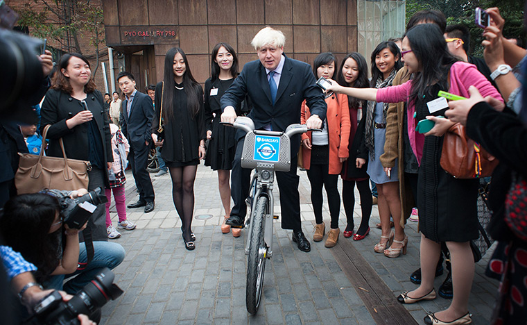 Boris in China: Mayor of London Boris Johnson sits on a Boris Bike, as he begins a six-day 