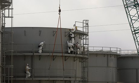 Workers constructing water tanks at Fukushima 