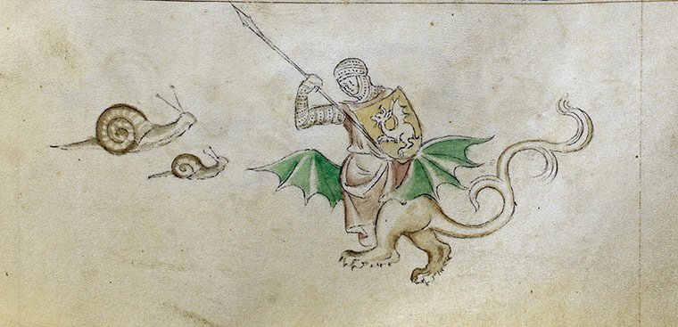 Knight vs snail: A detail from the Queen Mary Psalter, England, 1310-1320