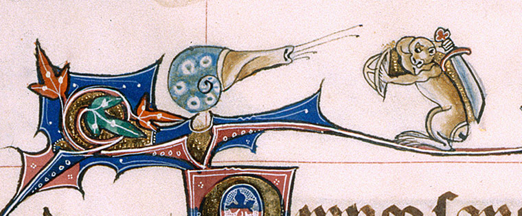 Knight vs snail: A detail from the Gorleston Psalter, England (Suffolk), 1310-1324