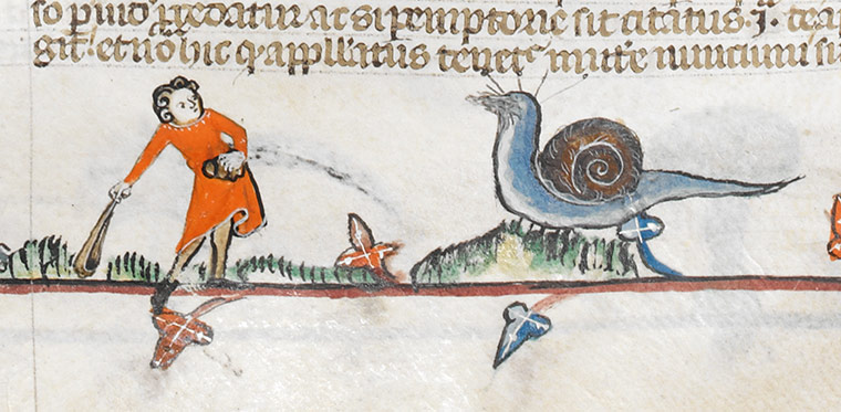 Knight vs snail: Detail from the Smithfield Decretals, southern France (probably Toulouse), 