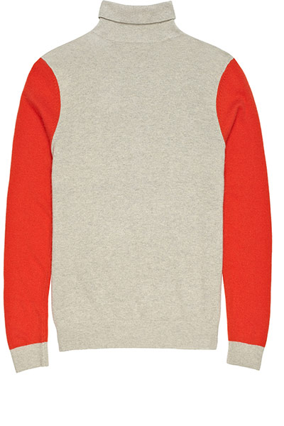 jumpers - weekend fashion: Beige woollen polo neck with bright red arms