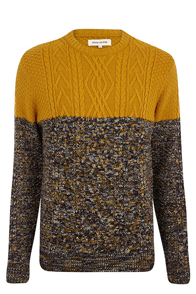 jumpers - weekend fashion: Split colour woollen jumper Mustard and flecked brown