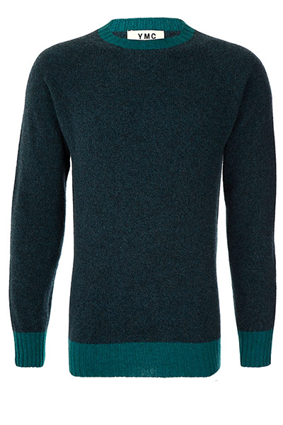 jumpers - weekend fashion: Dark turquoise woollen jumper bright turquoise cuffs and crew neck detail.