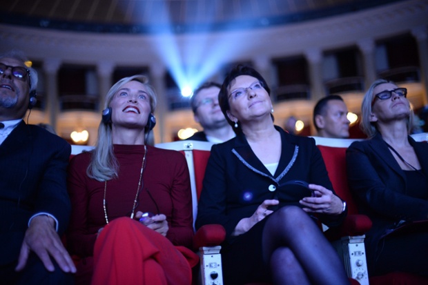 Sharon Stone seems quite dazzled during the opening ceremony of the 13th World Summit of Nobel Peace Laureates in Warsaw, Poland.