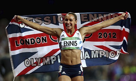 Jessica Ennis with the Olumpics banner