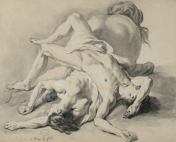 The Male Nude: J F de Troy, Two men lying on the body of a horse (undated)