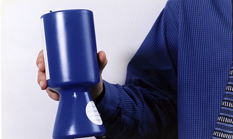 A blue charity collection box