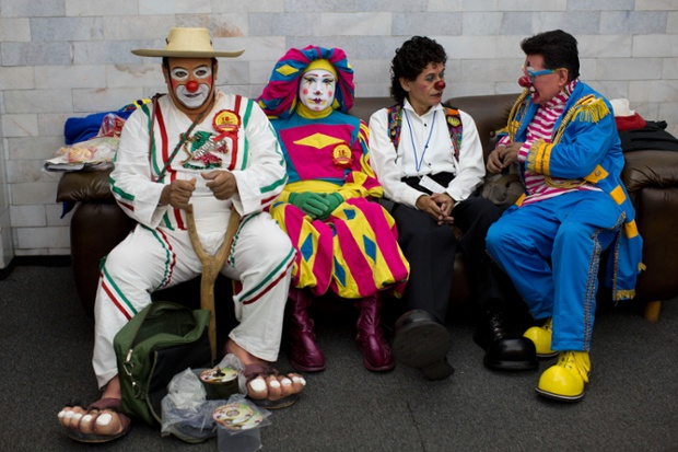 It seems it's no laughing matter for these clowns taking a break on the first day of the International Clown Convention in Mexico City. Clowns from all over Latin America have gathered in Mexico City to exchange experiences, brush up on their clown techniques and learn some new tricks.