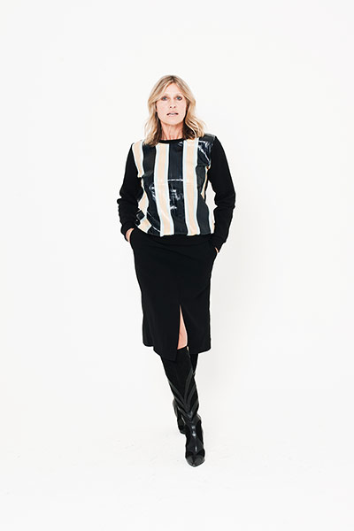 All Ages sweaters: black white vertical striped sweater black slit skirt black boots