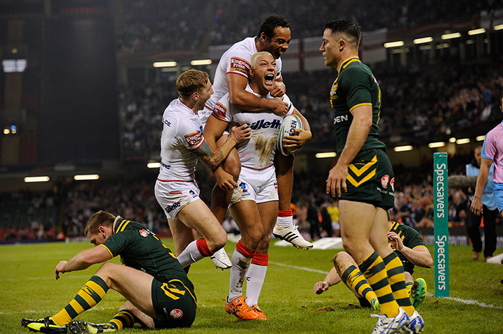 Rugby World Cup: Ryan Hall celebrates after he scores the 1st try for England